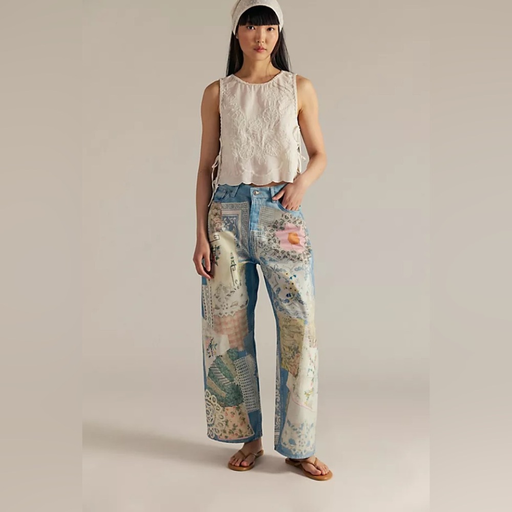 Free People Illusions Patchwork Printed Low Rise Barrel  Sz 27 like new!
